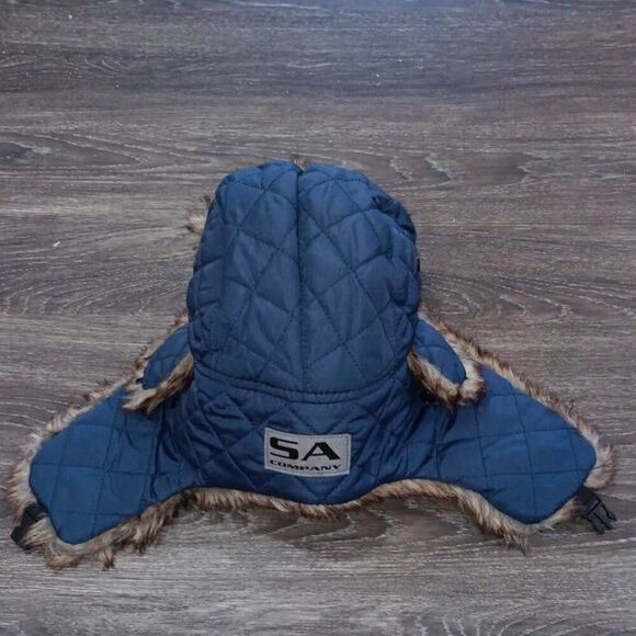 SA CO Trapper Hat Color Navy with Brown & Tan Faux Fur Ear Flaps with Snap NWT - Picture 2 of 6